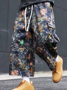 Manfinity EMRG Men's Vintage Camouflage Loose Wide Leg Capri Pants, Streetwear ,Camo Pants , Baggy Pants - Navy Blue - View 4