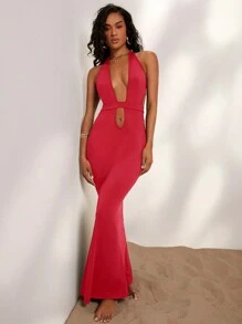 SHEIN VCAY 假期純色性感深V領針織連衣裙，開背式和腰帶 - 紅色 - 查看 5