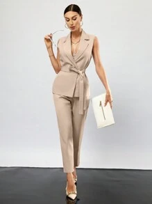 SHEIN Privé Lapel Neck Belted Vest Blazer & Pants  - Khaki - View 5