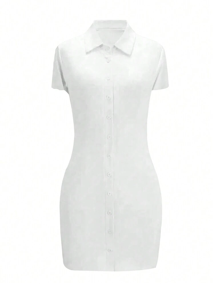 shein slayr solid color button front bodycon short sleeve dress Shein Midi Dresses