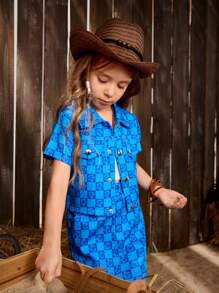 SHEIN Conjunto de blusa de manga corta con cuadros y bolsillo con botones y falda con estilo coreano para niñas, primavera/verano - Azul - Ver 4