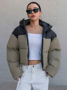 DAZY Abrigo corto acolchado con capucha y bloques de color para mujer, ropa de invierno, ropa de invierno para mujer, abrigo acolchado chaqueta para mujer escuela - Verde Oliva - Ver 4