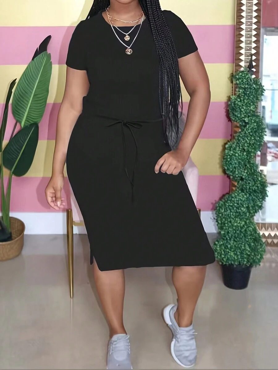 European And American Fashion Round Neck Short Sleeve Dress For Women - Black - View 1