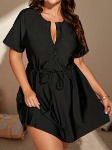 SHEIN Swim Curve Plus Size Summer Beach Drawstring Waist Tankini Set - Black - View 3