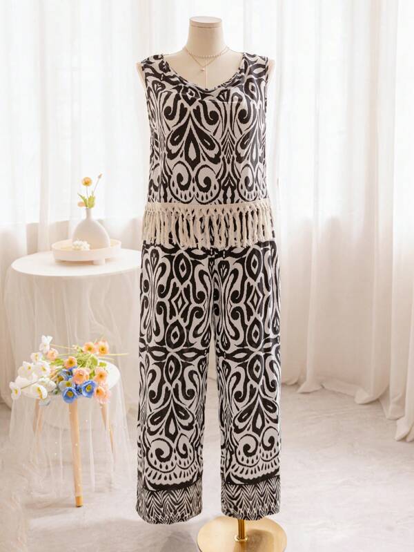 Dreamara Plus Size Women's Black & White Music Festival Printed Loose Fringe Top And Wide-Leg Loose Fit Vacation Style Long Pants Two Pieces Outfit, Summer