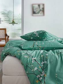 3pcs Plum Blossom Pattern Polyester Printed Duvet Cover Set, Ink Painting Style Bedding Set Pillowcase+Duvet Cover, Suitable For All Seasons - Pastel Green - View 6