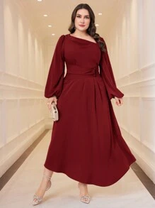 Modelyn Vestido de verano elegante de talla grande con mangas farol asimétricas, cintura ceñida y color rojo burdeos