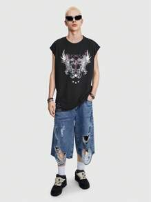 ROMWE MEN ROMWE Avant Men's Summer Casual Cross & Letter Printed Round Neck Top - Black - View 4