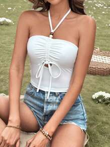 SHEIN VCAY Women's Fashion Solid Color Halter Neckline Strapless Top With Drawstring Design For Vacation