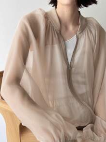FRIFUL Zip Up Long Sleeve Bomber Jacket Sheer