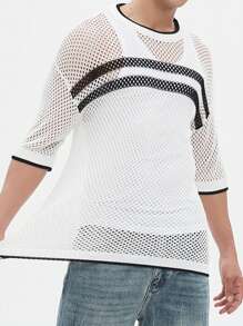 Manfinity Hypemode Men's Color Block Summer Casual Short Sleeve Hollow Knit Top - Black and White - View 5