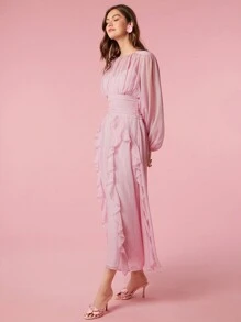 Enchnt Summer Holiday Romantic Elegant Ruffle Trim Lantern Sleeve Ruched Waist Pink Dress - Pink - View 6