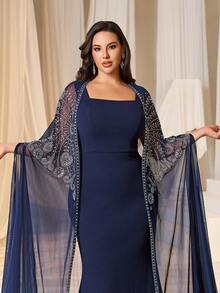 Faeriesty Curve Plus-Size Women's Formal Evening Dress With Heart Neckline, Mermaid Hem & Sequined Cape – Perfect For Wedding Banquets, Charity Galas, Corporate Dinners, Award Ceremonies - Navy Blue - View 3