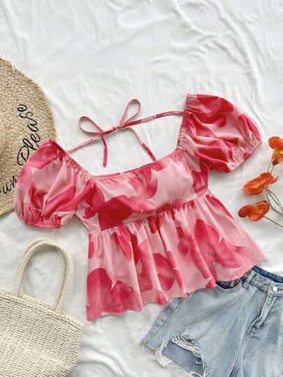 Soleia 休闲浪漫度假泡泡袖娃娃风蝴蝶印花女式衬衫