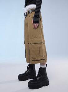 Manfinity Denimwave Shorts en jean avec poches multiples pour homme, coupe ample de vêtements de travail streetwear, mi-longueur - Kaki - Voir 7