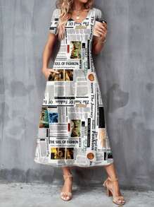 SHEIN Clasi Đầm dài thanh lịch dành cho nữ có trang trí và túi in báo, họa tiết chữ - Nhiều màu - Xem 1