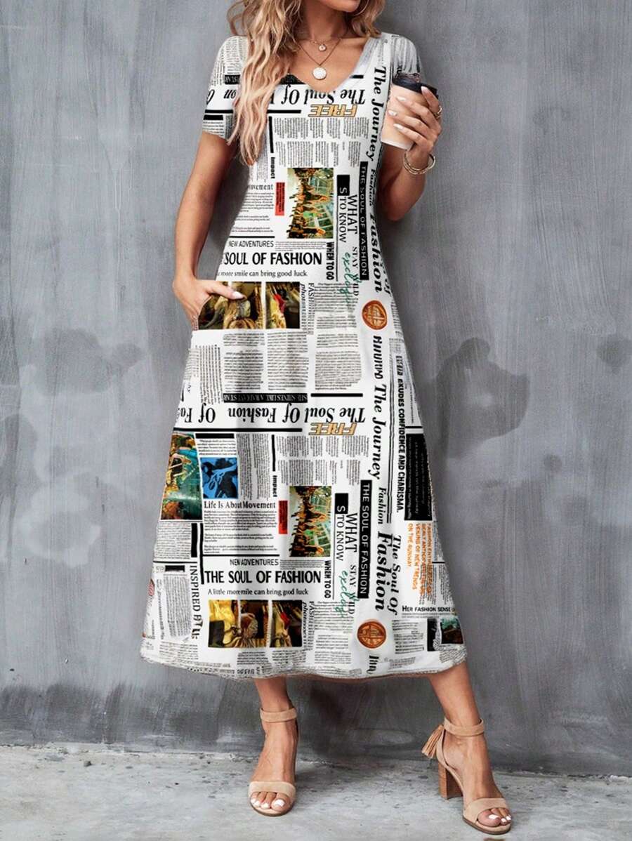 SHEIN Clasi Đầm dài thanh lịch dành cho nữ có trang trí và túi in báo, họa tiết chữ - Nhiều màu - Xem 1