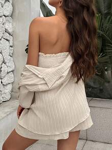 SHEIN Maternity Solid Tube Top & Shorts & Open Front Coat - Apricot - View 2