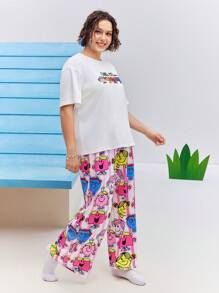 Mr Men Little Miss X SHEIN Plus Size Loose Knit Cartoon Striped Printed Pajama Set For Leisure And Home - Red - View 6