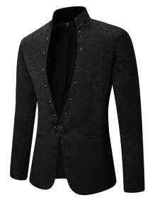 Manfinity AFTRDRK Men's Spring & Autumn Fashion Jacquard Stand Collar Suit Jacket With Buckle - Black - View 1