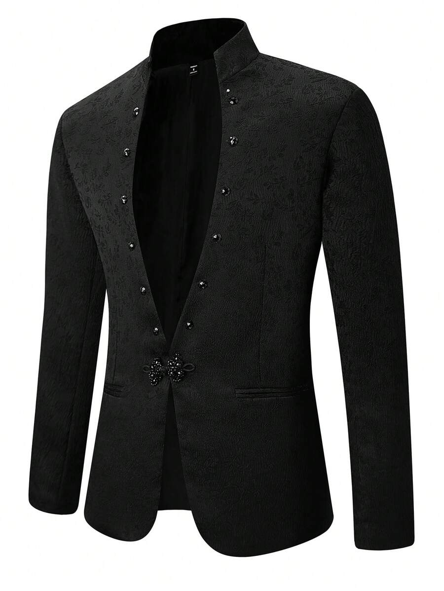 Manfinity AFTRDRK Men's Spring & Autumn Fashion Jacquard Stand Collar Suit Jacket With Buckle - Black - View 1