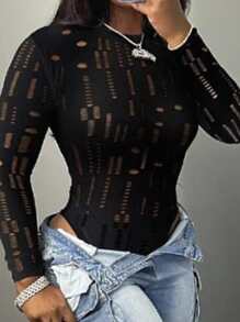 Slaydiva Body negro sexy de manga larga con cuello redondo - E - Negro - Ver 1