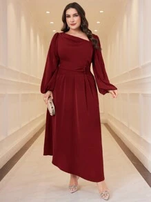 Modelyn Vestido de verano elegante de talla grande con mangas farol asimétricas, cintura ceñida y color rojo burdeos