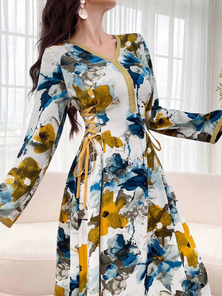 Al Najma Tie-Dye Print Dress With Metallic Trim And Side Tie Fall Cloth For Women