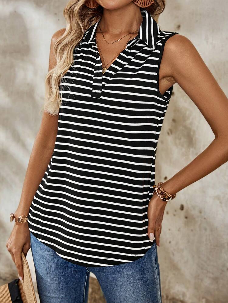 Women's Summer Striped Sleeveless Casual Shirt With Turn-Down Collar