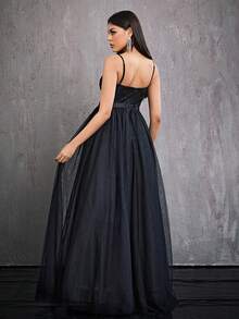 Mgiacy Beaded Shimmering Sparkly Lace Mesh Cami Cupped Dress - Black - View 2