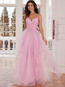 Vestido Longo de Formatura Elegante com Alças Finas Rosa, com Corpete Bordado e Saia de Tule com Babados, Perfeito para Festa - Rosa chiclete - Visão 8