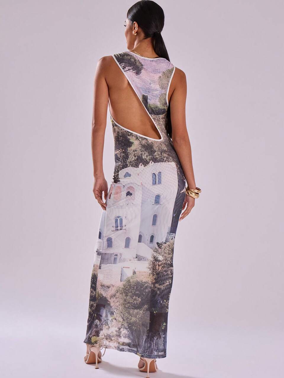 Sexy Standort-Muster Wasserfallausschnitt Säulenkleid Slim Fit Langes Kleid Ibiza Passend Boho Frühling Urlaub Sommer Festival