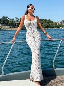 EURMUSE Hollow Out Sleeveless Cover Up Dress, For Summer Beach Vacation - Apricot - View 2