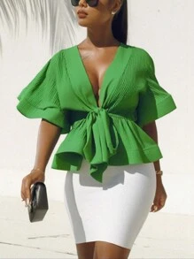 Slaydiva Bộ đồ hai mảnh xếp ly tay chuông buộc trước vai màu xanh lá cây thanh lịch cho nữ đi làm mùa xuân/hè cỡ lớn - J - màu xanh lá - Xem 3