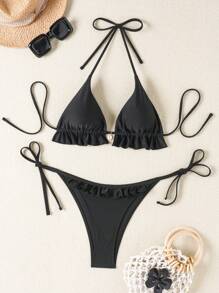 Swim Vcay Swim Suits For Women Women's Summer Beach Solid Color Ruffle Trim Halter Neck Tie Two-Piece Bikini Set - Black - View 4