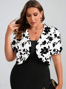 SHEIN Clasi Plus Size Short Black And White Floral Printed Women's Jacket For Autumn Winter Fall