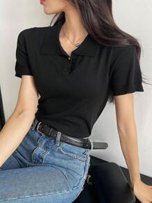 DAZY Áo len tay ngắn màu trơn phong cách công sở giản dị - màu đen - Xem 4