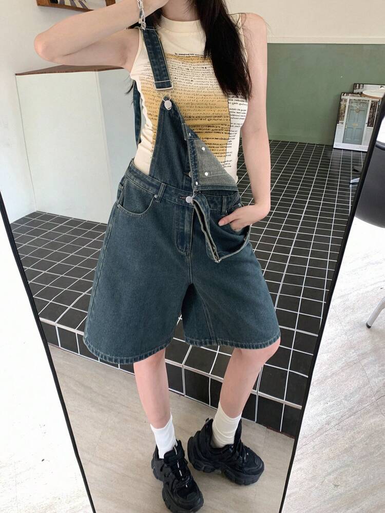 Pantalones cortos de peto de mezclilla con botón delantero sólido para verano