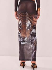 MUSERA Sheer Mesh Tiger Face Print Low Rise Maxi Skirt, For Wedding Guest, Summer, Elegant - Multicolor - View 2