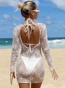 Swim Vcay Women's Summer Solid Color Halter Tie Bikini Set With Cover Up Shirt And Long Sleeve Dress 3pcs Outfits - White - View 2