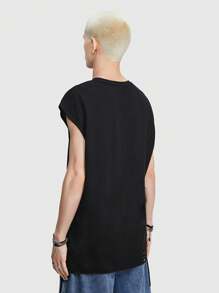 ROMWE MEN ROMWE Avant Men's Summer Casual Cross & Letter Printed Round Neck Top - Black - View 2