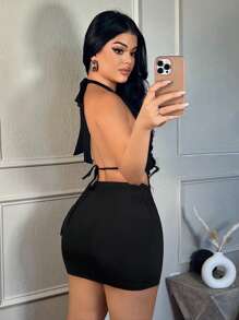 SHEIN SXY 亮片针织垂褶领上衣和裙子，适合约会之夜生日休闲性感秋冬 - 黑色 - 查看 2