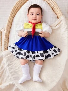 SHEIN Newborn Baby Girl Cow Pattern Vest Coat, Cartoon Printed Bubble Short Sleeve Dress Outfit, Cute Casual Style