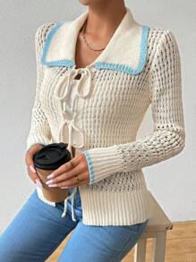 SHEIN LUNE Contrast Binding Trim Tie Front Pointelle Knit Cardigan - Apricot - View 4