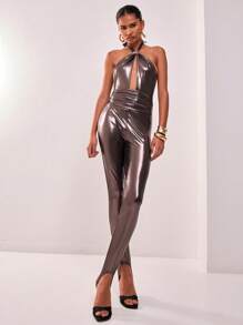 MUSERA Bộ jumpsuit cổ yếm khoét lỗ kim loại gợi cảm cho câu lạc bộ mùa xuân hè, kỳ nghỉ, lễ hội, lễ Phục sinh, phong cách thường ngày. - màu đen - Xem 3