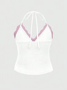 Betty Boop | ROMWE Plus Figure & Letter Graphic Lace Trim Halter Top - White - View 6