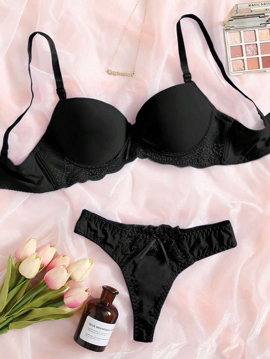 SHEIN Contrast Lace Super Push Up Bra & Panty Lingerie Set - Black - View 1