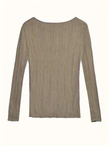 Solid Asymmetrical Neck Slit Hem Knit Top - Khaki - View 2