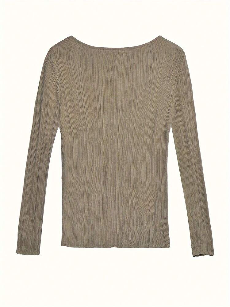 Solid Asymmetrical Neck Slit Hem Knit Top - Khaki - View 2