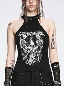 ROMWE Grunge Punk 针织高领性感拼色朋克风格女式深色骷髅印花无袖背心，学校风 - 黑色 - 查看 5